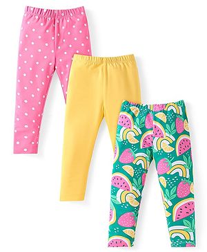 Babyhug Cotton Lycra Knit Full Length Leggings with Polka Dots & Fruits Print Pack of 3 - Pink Mustard & Green