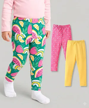 Babyhug Cotton Lycra Knit Full Length
                              Leggings with Polka Dots & Fruits
                              Print Pack of 3 - Pink Mustard &
                              Green