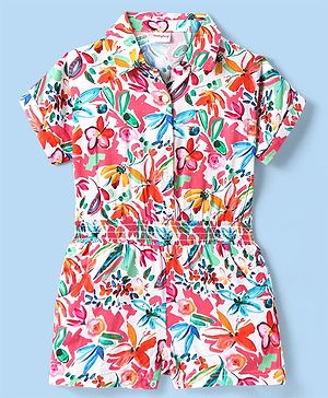 Babyhug Cotton Knit Half Sleeves Jumpsuit With Floral Print - Red Pink & White