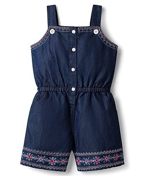Babyhug Cotton Woven Sleeveless Jumpsuit With Floral Embroidery - Navy Blue