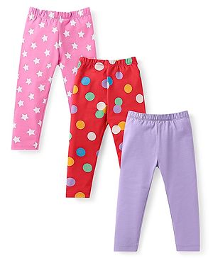 Babyhug Cotton Lycra Knit Full Length Leggings with Polka Dots & Star Print Pack of 3 - Pink Red & Lilac
