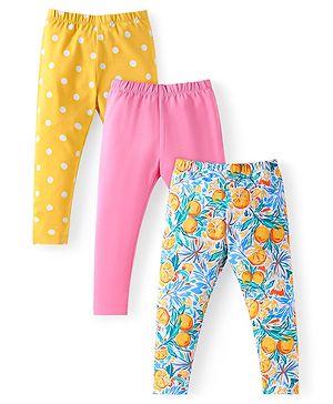 Babyhug Cotton Lycra Knit Full Length Leggings with Polka Dots & Fruits Print Pack of 3 - Mustard Pink & Blue
