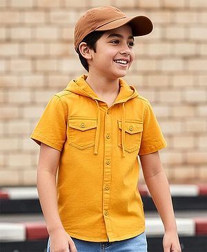 Pine Kids 100% Cotton Half Sleeves Solid Coloured Hooded Shirts - Mustard