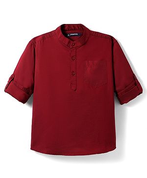 Pine Kids Cotton Woven Full Sleeves Solid Colour Mandarin Collar Shirt - Maroon