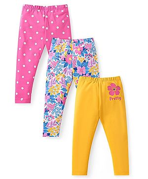 Babyhug Cotton Lycra Knit Full Length Leggings with Polka Dots Floral Print Pack of 3 - Mustard Pink & Blue