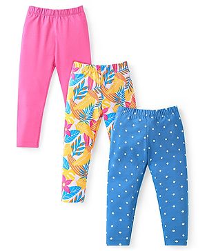 Babyhug Cotton Lycra Knit Full Length Leggings With Polka Dots & Floral Print Pack of 3 - Blue Yellow & Pink