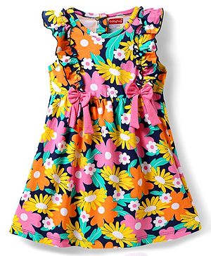 Babyhug Cotton Knit Frill Sleeves Frock With Floral Print & Bow Applique - Navy Blue