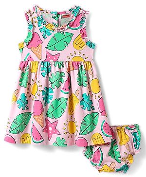 Babyhug Cotton Knit Sleeveless Frock with Boomer & Tropical Theme Print - Pink