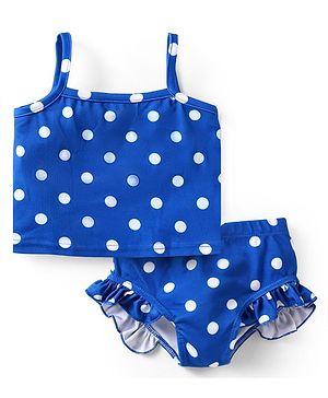 Babyhug Sleeveless Water Repellent Two Piece Swimsuit With Frill & Polka Dot Print - Blue