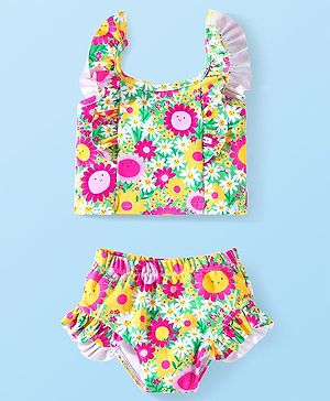 Babyhug Frill Sleeves Water Repellent Two Piece Swimsuit with Floral Print - Multicolor