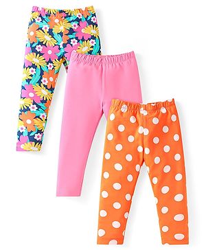 Babyhug Cotton Lycra Knit Full Length Leggings with Polka Dots & Floral Print Pack of 3 - Pink & Orange
