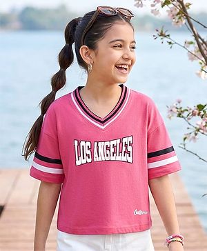 Pine Kids Cotton Knit Half Drop Shoulder Sleeves T-Shirt with Text Print - Dark Pink