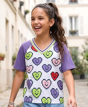 Pine Kids Cotton Knit Half Raglan Sleeves T-Shirt with Heart Print - White & Lilac