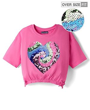 Pine Kids Cotton Knit Half Drop Shoulder Sleeves T-Shirt with Sequin Detailing - Pink