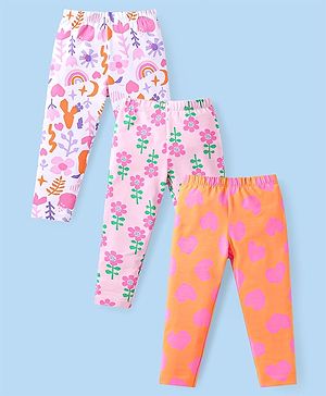 Babyhug Cotton Lycra Knit Full Length Leggings with Floral & Hearts Print Pack of 3 - White Pink & Orange