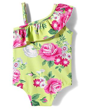 Babyhug Water Repellant Frill Sleeves V Cut Swim Suit With Floral Print - Green