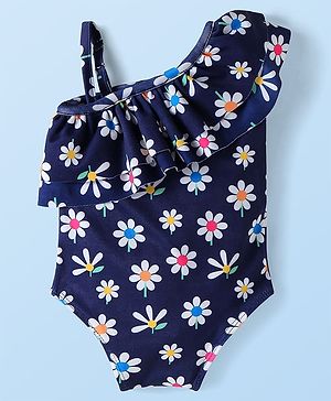 Babyhug One Shoulder Frill Sleeves Water Repellent V Cut Swimsuit with Floral Print - Navy Blue