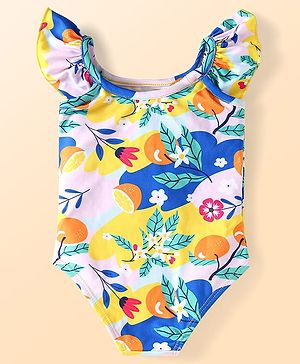 Babyhug Frill Sleeves Water Repellent V Cut Swimsuit with Floral Print - Pink