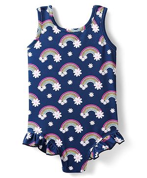 Babyhug Water Repellant Sleeveless V Cut Swim Suit With Rainbow & Floral Print - Navy Blue