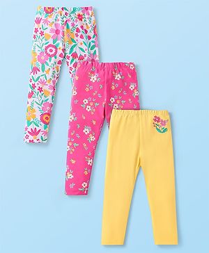 Babyhug Cotton Lycra Knit Full Length Leggings With Floral Print Pack of 3 - Yellow Pink & White