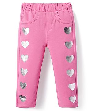 Babyhug Cotton Lycra Knit Full Length Jeggings with Hearts Foil Print - Pink