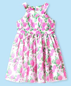 Babyhug Rayon Woven Sleeveless Frock With Floral Print - White & Pink