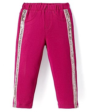 Babyhug Cotton Lycra Knit Full Length Jeggings with Sequin Detailing - Dark Pink