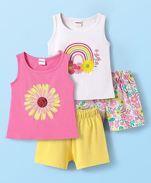 Babyhug Single Jersey Knit Sleeveless Tank Top & Shorts Set With Floral Print Pack Of 2 - Yellow & Pink