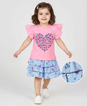 Babyhug Single Jersey Knit Half Flutter Sleeves Top & Layered Skirt Set with Floral & Hearts Puff Print - Pink & Light Blue