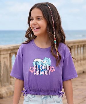 Pine Kids Cotton Knit Half Drop Shoulder Sleeves T-Shirt with Beach Theme Print & Knot Detailing - Purple