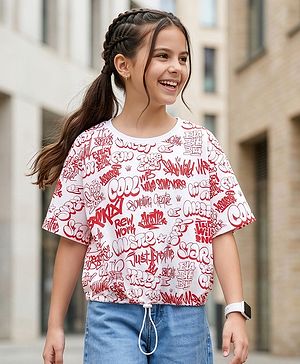 Pine Kids Cotton Knit Half Drop Shoulder Sleeves T-Shirt with Text Print - White