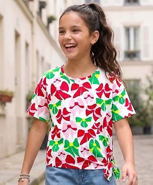 Pine Kids Cotton Knit Half Sleeves Drop Shoulder T-Shirt with Bow Print - White