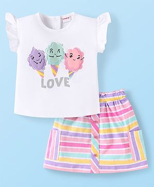 Babyhug Single Jersey Knit Half Sleeves Tops and Skirts with Ice-Cream Print -  White & Pink