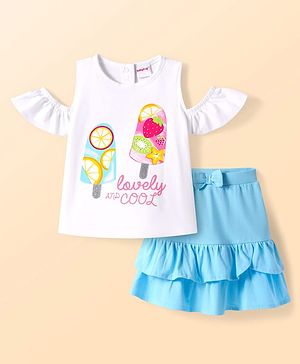 Babyhug Single Jersey Knit Cold Shoulder Ice Cream Print Top & Frilled Skirt with Bow Applique - Light Blue & White