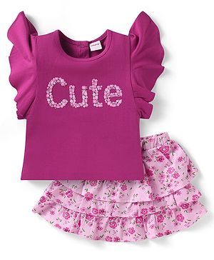 Babyhug Single Jersey Knit Frill Sleeves Top & Skirt Set with Floral Print - Dark Pink