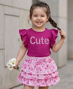 Babyhug Single Jersey Knit Frill Sleeves Top & Skirt Set with Floral Print - Dark Pink