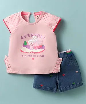ToffyHouse Knitted Cap Sleeves Top
                              & Short Suit With Text Print & Bow
                              Applique - Navy Blue & Pink