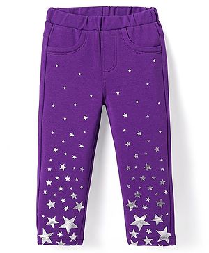 Babyhug Cotton Lycra Knit Full Length Jeggings with Star Foil Print - Purple
