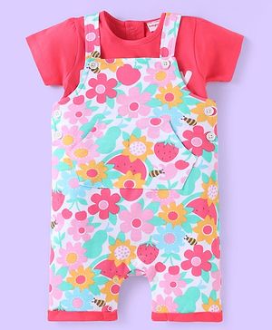 Babyhug Single Jersey Knit Floral Printed Dungaree Style Romper with Half Sleeves Text Printed Top - Red