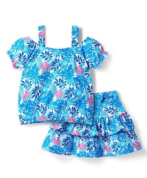 Babyhug Single Jersey Cold Shoulder Top & Skirt Co -Ord Set With Floral Print - Blue