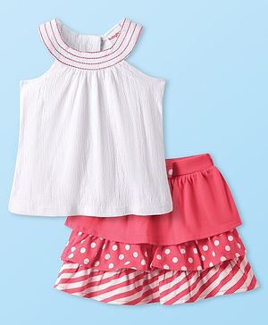 Babyhug Single Jersey Knit Sleeveless Top & Skirt Set with Polka Dots Print - Red & White