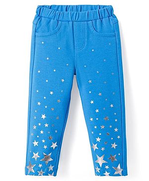 Babyhug Cotton Lycra Knit Full Length Jeggings with Star Foil Print - Blue