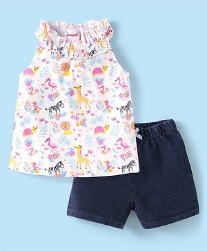 Babyhug Single Jersey Knit Sleeveless Halter Neck Top & Shorts Set with Jungle Theme Print - White & Navy Blue