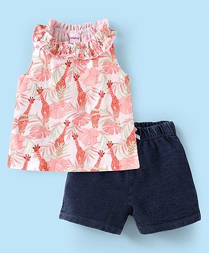 Babyhug Single Jersey Knit Sleeveless Halter Neck Top & Shorts Set with Jungle Theme Print - White & Navy Blue