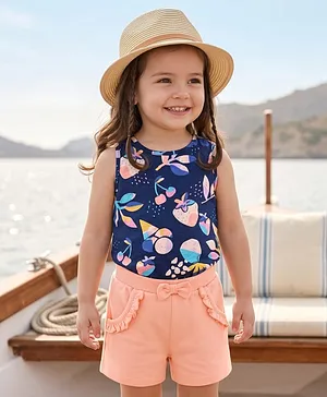 Babyhug Single Jersey Knit Sleeveless
                              T-Shirt & Shorts Set with Tropical
                              Theme Print - Navy Blue & Pink