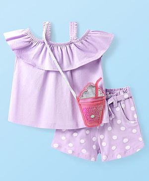 Babyhug Single Jersey Knit Sleeveless Top & Shorts Set with Polka Dots Print & Sling - Lilac