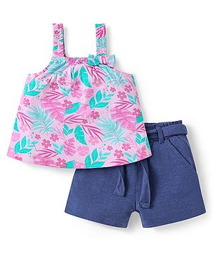 Babyhug Single Jersey Knit Singlet Sleeves Top & Shorts Set with Tropical Theme Print & Bow Applique - Blue