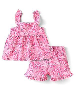 Babyhug Single Jersey Knit Sleeveless Top & Shorts with Jungle Print - Pink