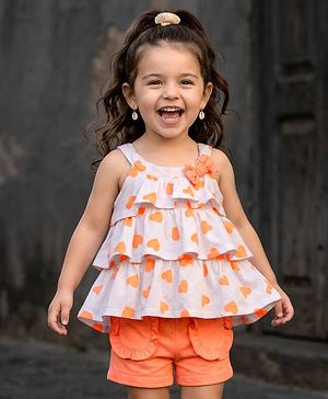 Babyhug 100% Cotton Single Jersey Knit Singlet Sleeves Top & Shorts Set With Heart Print & Bow Applique - Orange