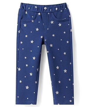 Babyhug Cotton Lycra Knit Full Length Jeggings with Star Foil Print - Navy Blue